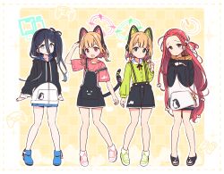  4girls :3 absurdly_long_hair animal_ear_headphones animal_ears aris_(blue_archive) arm_up black_footwear black_hair black_hairband black_jacket black_ribbon blue_archive blue_eyes blue_footwear blush boots border brown_hair cat cat_ear_headphones cat_tail clenched_hand closed_mouth collarbone dotted_line fake_animal_ears fake_tail full_body game_development_department_(blue_archive) green_background green_eyes green_halo green_shirt green_theme hairband halo hand_up headphones highres hood hood_down hooded_jacket jacket long_hair long_sleeves looking_at_viewer midori_(blue_archive) momoi_(blue_archive) multiple_girls neck_ribbon one_eye_closed open_mouth overalls pink_background pink_eyes pink_shirt pink_theme ribbon shirt shirt_tucked_in shoes short_hair short_sleeves siblings sisters smile sneakers suspenders tail twins very_long_hair white_border yoru_nai yuzu_(blue_archive)  rating:General score:1 user:danbooru