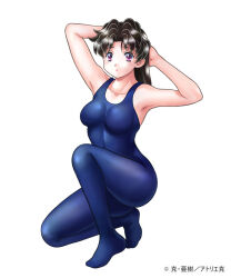  1girl :o armpits arms_behind_head arms_up bare_shoulders black_hair blue_bodysuit bodysuit breasts collarbone covered_erect_nipples covered_navel full_body futari_ecchi katsu_aki kneeling looking_at_viewer medium_breasts no_shoes onoda_yura parted_bangs parted_lips purple_eyes shiny_hair short_hair simple_background skin_tight solo white_background  rating:General score:4 user:christiechan