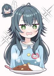  1girl absurdres antenna_hair blue_shirt blush bright_pupils chibi chibi_inset commentary_request cropped_torso crying crying_with_eyes_open cum curry curry_rice drooling food gakuen_idolmaster green_eyes green_hair hair_flaps highres idolmaster kindergarten_uniform long_hair looking_at_food mouth_drool name_tag o_o poryuyee rice shirt smock steam tears translation_request tsukimura_temari upper_body very_long_hair white_pupils 