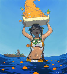  1boy 1girl :d arancia armpits arms_up bare_shoulders bikini bikini_top_only blue_sky boat brown_hair crop_top day diving_mask food fruit goggles heart heart_in_mouth holding holding_food holding_fruit midriff navel nekkeau ocean open_mouth orange_(fruit) orange_bikini orange_eyes original sky smile snorkel swimsuit toned twintails wading watch water watercraft wet wristwatch 
