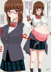  1girl absurdres armband black_socks blunt_bangs blush braid breasts brown_eyes brown_hair clothes_around_waist cowboy_shot feet_out_of_frame glasses hand_on_own_stomach highres jacket jacket_around_waist japanese_text large_breasts maternity_underwear panties pink_panties pregnant school_uniform semi-rimless_eyewear shirt simple_background socks speech_bubble translation_request twintails underwear uniform upper_body white_shirt 