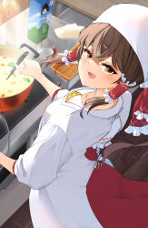  1girl apron blush bow brown_eyes brown_hair commentary_request cooking cooking_pot cowboy_shot dress frilled_bow frilled_hair_tubes frills hair_between_eyes hair_bow hair_tubes hakurei_reimu heart heart_in_mouth highres kappougi kimeemaru long_hair looking_at_viewer mamacha_(vnct5755) open_mouth red_bow red_dress shameimaru_aya sidelocks smile solo stew stove touhou white_apron yukkuri_shiteitte_ne 