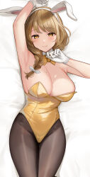  1girl alternate_costume animal_ears arm_up armpits bare_arms bare_shoulders bed_sheet blonde_hair bow bowtie braid breasts cleavage fire_emblem fire_emblem_engage gloves goldmary_(fire_emblem) hair_bow haru_(nakajou-28) large_breasts leotard long_hair looking_at_viewer lying mole mole_on_breast nintendo on_back pantyhose playboy_bunny rabbit_ears solo white_gloves yellow_bow yellow_bowtie yellow_eyes yellow_leotard 