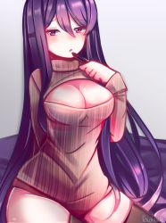 1girl arm_behind_back artist_name beige_sweater black_thighhighs blush breasts cleavage cleavage_cutout clothing_cutout doki_doki_literature_club grey_background hair_between_eyes highres large_breasts long_hair long_sleeves looking_at_viewer meme_attire open-chest_sweater peachcak3 pen purple_eyes purple_hair ribbed_sweater simple_background solo sweater thighhighs turtleneck turtleneck_sweater very_long_hair yuri_(doki_doki_literature_club) rating:Sensitive score:40 user:danbooru