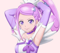  1girl armpits arms_up brooch choker collarbone cure_sword detached_sleeves dokidoki!_precure earrings elenab hair_ornament heart heart_brooch high_ponytail jewelry long_hair long_sleeves pink_background precure purple_eyes purple_hair purple_sleeves simple_background solo sparkle tying_hair upper_body 