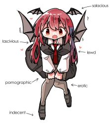 1girl arrow_(symbol) bat_wings black_footwear black_jacket black_skirt blush book breasts collar collared_shirt demon_wings dot_nose english_text flying full_body head_wings heart holding holding_book jacket kasuya_baian koakuma large_breasts leaning_forward long_hair long_sleeves looking_at_viewer low_wings necktie open_mouth pantyhose puffy_long_sleeves puffy_sleeves red_eyes red_hair red_necktie shirt shoes simple_background skirt skirt_set smile solo touhou translated white_background white_shirt wings 
