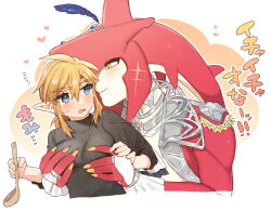  1boy 1girl alternate_costume black_sweater blush breasts feather_hair_ornament feathers grabbing grabbing_another&#039;s_breast grabbing_from_behind green_eyes hair_ornament heart hetero highres holding interspecies large_breasts link long_sleeves nintendo sidon slit_pupils smile sweater the_legend_of_zelda the_legend_of_zelda:_breath_of_the_wild ttanuu. upper_body white_background yellow_eyes yellow_nails 