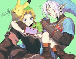  2boys blonde_hair blue_eyes boots brown_footwear dele14375735 fierce_deity green_tunic handheld_game_console highres keaton_mask leather leather_boots link multiple_boys nintendo nintendo_3ds nintendo_switch phrygian_cap playing_games the_legend_of_zelda the_legend_of_zelda:_majora&#039;s_mask young_link 