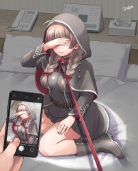 1boy 1girl ahoge bed belt black_footwear boots braid breasts brown_hair capelet cellphone collar covering_own_eyes fingernails hair_ribbon holding holding_phone hood hood_up hooded_capelet kantai_collection large_breasts leash long_hair long_sleeves on_bed parted_lips phone pillow pov red_collar red_ribbon ribbon saburou_03 shinshuu_maru_(kancolle) sitting skirt smartphone tissue_box twin_braids viewer_holding_leash rating:Sensitive score:11 user:danbooru