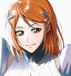  1girl bleach bleach:_sennen_kessen-hen brown_eyes close-up closed_mouth collared_shirt commentary_request eyebrows_hidden_by_hair eyelashes hair_behind_ear hair_ornament highres inoue_orihime korean_commentary lips long_hair looking_at_viewer n_(nauki_11) nose orange_hair shirt sidelighting simple_background smile solo star_(symbol) star_hair_ornament straight_hair tsurime white_background white_shirt 