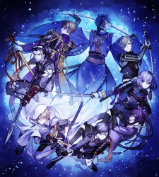  6+boys ahoge aqua_eyes armor belt black_eyes black_footwear black_gloves black_hair blue_eyes blue_footwear blue_hair blue_theme bow brown_eyes brown_hair character_request check_gender cloak closed_mouth dagger eyes_visible_through_hair facial_hair film_grain gloves hair_between_eyes hair_bow hair_slicked_back highres holding holding_dagger holding_knife holding_polearm holding_sheath holding_sword holding_weapon hood hood_up hooded_cloak japanese_armor katana knife light_particles long_hair looking_at_viewer matsunaka_hiro multiple_boys open_mouth parted_lips pauldrons polearm ponytail purple_eyes purple_hair scabbard sheath shoulder_armor single_pauldron smile sode spear stubble sword tassel teeth torn torn_cloak torn_clothes touken_ranbu unsheathed vambraces weapon white_bow white_cloak white_gloves 
