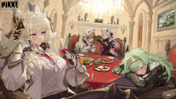  &gt;_&lt; 4girls absurdres alcohol artist_request black_bodysuit blonde_hair blue_eyes bodysuit brown_hair chandelier chime_(nikke) closed_eyes crossed_arms crown_(nikke) crying cup drinking_glass eating feeding fingerless_gloves gauntlets gloves goddess_of_victory:_nikke green_hair grey_hair hair_intakes helmet highres holding holding_cup indoors kilo_(nikke) long_sleeves looking_at_viewer modernia_(second_affection)_(nikke) multiple_girls official_art on_chair open_mouth plate second-party_source shirt sitting sleeping smile table tarantula white_shirt wine wine_glass yellow_gloves 