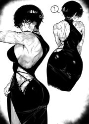  1girl ? absurdres anger_vein ass breasts burn_scar choker clenched_teeth cowboy_shot dress earrings from_behind from_side glasses greyscale highres hoop_earrings jewelry jujutsu_kaisen large_breasts looking_at_viewer looking_back masoq messy_hair monochrome multiple_views pantyhose round_eyewear scar scar_on_arm scar_on_back scar_on_face short_hair shoulder_blades side_slit sideboob simple_background sleeveless sleeveless_dress speech_bubble spoken_question_mark standing sweat teeth toned too_many too_many_scars vignetting wardrobe_error zen&#039;in_maki 