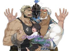  1girl 3boys @_@ aegir_(housamo) anchor_earrings anger_vein aqua_hair artist_name balor_(housamo) bara bare_pectorals beard black_hair black_tank_top blonde_hair blue_fire blush boy_sandwich carrying carrying_person commission cuffs dark-skinned_male dark_skin distress dog_tags earrings english_text eyewear_on_head f69g facial_hair fangs fingernails fire full_beard grin hands_up helmet jewelry large_pectorals long_hair looking_at_another male_harem multicolored_hair multiple_boys muscular muscular_male mustache_stubble open_clothes open_mouth open_shirt pectorals pleated_skirt protagonist_2_(housamo) sandwiched scales seductive_smile shackles sharp_fingernails simple_background single_earring size_difference skirt smile sparse_arm_hair sparse_chest_hair spiked_helmet stubble surtr_(housamo) sweat tank_top thank_you thick_arms tokyo_houkago_summoners two-tone_hair upper_body veins veiny_arms veiny_neck white_background white_hair 