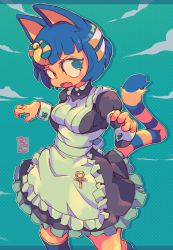  1girl alternate_costume animal_crossing animal_ears ankh ankha_(animal_crossing) black_hair blue_background blue_fur bob_cut body_fur cat_tail dress egyptian egyptian_clothes enmaided fang frown furry furry_female maid nintendo open_mouth paw_pose scarab short_hair solo starmilk striped_tail tail yellow_fur  rating:Sensitive score:49 user:danbooru