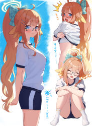 1girl absurdres ahoge alternate_costume arms_behind_back ass black-framed_eyewear blue_archive blue_eyes blush bow bra breasts buruma closed_eyes commentary_request glasses gym_uniform hair_bow hair_ornament hair_ribbon halo highres large_breasts looking_at_viewer multiple_views open_mouth orange_hair ponytail ribbon shimiko_(blue_archive) shirt shorts smile standing surprised sweat tansui_san_(tcjp4784) thighs translation_request trinity_general_school_logo underwear undressing white_bra white_shirt 