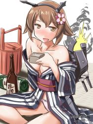 10s 1girl alternate_costume alternate_eye_color bare_legs bare_shoulders blush bottle breasts brown_eyes brown_hair cannon check_commentary cleavage collarbone commentary_request dated explosion eyebrows floral_print flower hair_between_eyes hair_flower hair_ornament japanese_clothes kantai_collection kimono masu medium_breasts mutsu_(kancolle) no_nose obi one-hour_drawing_challenge open_clothes open_kimono open_mouth panties sake_bottle sash short_hair signature solo tatsumi_ray turret twitter_username underwear white_background white_panties yukata rating:Questionable score:4 user:danbooru