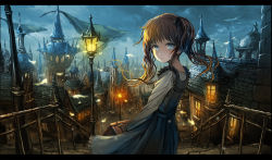  1girl black_border blue_eyes border brown_hair cloud cloudy_sky dress floating_hair grey_dress grey_shirt highres holding letterboxed long_hair looking_at_viewer original pinafore_dress ringed_eyes shirt sky sleeveless sleeveless_dress solo stairs twintails ume_(illegal_bible) 