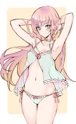  1girl absurdres armpits arms_behind_head arms_up bandaid bandaid_on_face blue_eyes blush breasts choker cleavage closed_mouth cowboy_shot gradient_hair highres lingerie long_hair looking_at_viewer multicolored_hair navel negligee orange_hair original outside_border panties pink_hair ribbon-trimmed_panties side-tie_panties simple_background sketch small_breasts smile solo takeuchi_aya two-tone_hair underwear underwear_only 