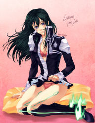  1girl artist_name black_footwear black_order_uniform blush boots bra breasts character_name cleavage closed_mouth clothes_lift d.gray-man floating_hair full_body green_hair hair_between_eyes hatoko-sama highres jacket knee_boots lenalee_lee lifted_by_self long_hair long_sleeves looking_at_viewer miniskirt nail_polish open_clothes open_jacket panties pink_bra pink_nails pink_panties purple_eyes sitting skirt skirt_lift small_breasts smile solo underwear 