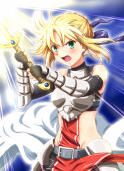  1girl armor armored_dress artoria_pendragon_(fate) belt blush cosplay diesel-turbo dress elbow_gloves fate/stay_night fate_(series) fingerless_gloves gloves green_eyes hidan_no_aria jeanne_d&#039;arc_(hidan_no_aria) jeanne_d&#039;arc_(hidan_no_aria)_(cosplay) kawasumi_ayako light_rays open_mouth saber_(fate) voice_actor_connection solo sunbeam sunlight sword vambraces weapon  rating:Sensitive score:9 user:danbooru