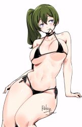  1girl artist_name bare_shoulders bikini black_bikini black_choker blush breasts choker collarbone commentary english_commentary green_hair groin hair_between_eyes invisible_chair large_breasts long_hair looking_to_the_side micro_bikini mouth_hold navel purple_eyes relaxjon side-tie_bikini_bottom side_ponytail simple_background sitting skindentation solo sousou_no_frieren string_bikini swimsuit thighs ubel_(sousou_no_frieren) underboob white_background 
