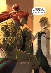  1boy 1girl absurdres arm_tattoo armlet artist_name beard blonde_hair bracelet diadem dress earrings facial_hair ganondorf highres holding_hands japanese_clothes jewelry kimono kneeling long_dress long_hair looking_at_another muscular muscular_male nintendo open_clothes open_kimono pectorals pointy_ears ponytail princess_zelda red_hair rehydrated_ganondorf ring sara_kinnaly signature sleeveless smirk spiked_hair tattoo teeth the_legend_of_zelda the_legend_of_zelda:_tears_of_the_kingdom thick_arms thick_eyebrows twitter_username yellow_eyes 