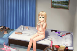  1girl anal_beads bed blonde_hair brand_name_imitation burger butt_plug coca-cola condom dildo eating flat_chest food french_fries green_eyes heart highres hitachi_magic_wand loli long_hair looking_at_viewer lube magazine_(object) mcdonald&#039;s navel nitera1041 nude panties unworn_panties pillow pornography sex_toy sitting socks underwear used_condom vibrator  rating:Explicit score:165 user:nantian