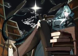 1girl absurdres aqua_eyes aqua_wings arknights between_breasts black_coat black_pantyhose book breasts candle coat dress feathered_wings feet_out_of_frame fingerless_gloves gloves hair_between_eyes head_wings highres ho&#039;olheyak_(arknights) lamp large_breasts library long_sleeves long_tail looking_at_viewer maf_clothes nail_polish open_clothes pantyhose pencil_dress scales sitting snake_tail solo strap_between_breasts tail white_dress wings