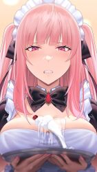  1girl absurdres angry apron berry black_bow black_bowtie black_ribbon blunt_bangs blurry blush bow bowtie breasts clenched_teeth commentary cream cup eyelashes fingernails food_on_body food_on_breasts frilled_apron frills hair_ribbon highres holding holding_tray hololive hololive_english kirachamo large_breasts long_hair looking_at_viewer maid maid_headdress mori_calliope nail_polish pink_eyes pink_hair pink_nails ribbon solo spill teeth tray two_side_up upper_body virtual_youtuber white_apron white_headdress white_wrist_cuffs wrist_cuffs  rating:Sensitive score:6 user:danbooru