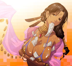  1girl arabian_clothes belly_dancer bikini bindi bracelet breast_hold breasts brown_hair cleavage covered_erect_nipples dancer dancer_(ragnarok_online) dark-skinned_female dark_skin earrings feathers gem gypsy hoop_earrings huge_breasts indian jewelry lots_of_jewelry money tucked_money mouth_hold mr.romance necklace ragnarok_online revealing_clothes shawl shiny_skin solo sweat swimsuit  rating:Questionable score:195 user:danbooru