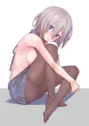 10s 1girl backless_outfit bare_arms bare_back bare_shoulders black_hair blue_eyes breasts dress eyes_visible_through_hair from_side full_body grey_sweater hair_ornament hair_over_one_eye hairclip halterneck hamakaze_(kancolle) highres kantai_collection konnyaku_(kk-monmon) large_breasts looking_at_viewer meme_attire open_mouth pantyhose short_hair sideboob silver_hair sitting solo sweater sweater_dress thighband_pantyhose turtleneck turtleneck_sweater virgin_killer_sweater rating:Sensitive score:31 user:danbooru