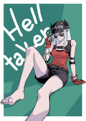 1girl absurdres arm_support aviator_sunglasses bare_shoulders barefoot black_hat black_horns black_shorts blind border bracelet breasts clothes_writing collarbone commentary_request cuffs fingerless_gloves foot_out_of_frame gloves green_background grin hand_up handcuffs hat helltaker highres horns horns_through_headwear inoue_kyouhei jewelry justice_(helltaker) looking_at_viewer medium_breasts official_alternate_costume outside_border police_hat red_gloves red_tank_top short_shorts shorts sitting smile solo sunglasses tank_top tinted_eyewear two-tone_background watch white_border white_hair wristwatch rating:Sensitive score:16 user:danbooru