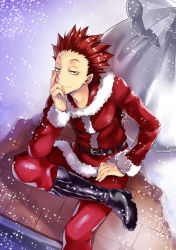  1boy asou_riku belt black_footwear boots day haikyuu!! hand_on_own_cheek hand_on_own_face knee_boots male_focus outdoors red_eyes red_hair rooftop sack santa_costume sitting snowing solo spiked_hair tendou_satori 