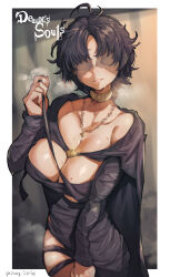  1girl absurdres ahoge alternate_breast_size bandaged_arm bandaged_chest bandages black_hair blind border breasts candle_wax cape choker collarbone copyright_name covered_eyes cowboy_shot demon&#039;s_souls facing_viewer hand_up highres iparupua jewelry large_breasts lips maiden_in_black medium_hair necklace no_eyes outside_border parted_bangs parted_lips pulling_own_clothes seductive_smile smile solo sweat undressing wax white_border 