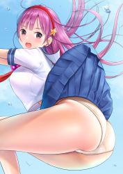  1girl asamiya_athena ass ass_focus blue_sky breasts hair_ornament hairband highres hip_attack large_breasts long_hair looking_at_viewer open_mouth pink_hair psycho_soldier school_uniform skirt sky solo star_(symbol) star_hair_ornament  rating:Sensitive score:29 user:Alastor117_