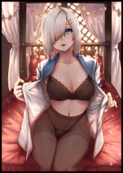 10s 1girl :d absurdres backlighting bed bed_sheet black_border black_bra black_panties blue_eyes blush border bra breasts brick_wall brown_pantyhose canopy_bed cleavage collarbone contrapposto curtains day eyebrows fingernails gusset hair_ornament hair_over_one_eye hairclip hamakaze_(kancolle) highleg highres kantai_collection large_breasts legs_together light_particles lingerie long_fingernails naidong_(artist) on_bed open_clothes open_mouth open_shirt panties panties_under_pantyhose pantyhose parted_lips pillow red_lips school_uniform serafuku shirt silver_hair sitting smile solo sunlight thighband_pantyhose thong underwear white_shirt rating:Questionable score:76 user:danbooru