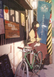  1girl absurdres bad_id bad_pixiv_id bicycle black_footwear black_hair blowing_smoke blunt_bangs bomber_jacket brown_skirt cigarette commentary_request day gendou_(ge_n_do) highres jacket jersey long_skirt looking_ahead original outdoors red_circle road sign sitting skirt smoking solo storefront translation_request 