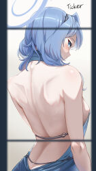  1girl ako_(blue_archive) ako_(dress)_(blue_archive) artist_name backless_dress backless_outfit blue_archive blue_dress blue_eyes blue_hair blue_halo blush breasts butt_crack dress hairband halo highres large_breasts long_hair looking_at_viewer looking_back official_alternate_costume signature sleeveless sleeveless_dress solo ticker_(kks2ksy) upper_body  rating:Sensitive score:6 user:danbooru
