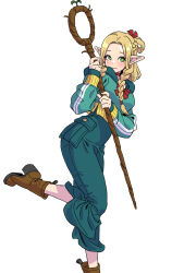  1girl absurdres ambrosia_(dungeon_meshi) blonde_hair blush boots braid brown_footwear choker commentary contemporary cropped_hoodie dungeon_meshi elf foot_out_of_frame green_eyes green_hoodie green_pants hair_ribbon highres holding holding_staff hood hoodie leg_up long_hair marcille_donato pants pointy_ears red_choker red_ribbon ribbon simple_background smile solo staff white_background yamashita_shun&#039;ya 