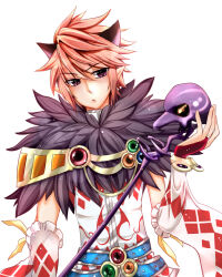  1boy animal_ears argyle argyle_clothes argyle_shirt bangle belt blue_belt blush bracelet cat_boy cat_ears closed_mouth commentary_request detached_sleeves expressionless fur_collar hair_between_eyes holding holding_staff jewelry lanmei_jiang long_bangs looking_at_viewer male_focus messy_hair pink_hair pointy_ears purple_eyes ragnarok_online shirt short_hair simple_background skull solo sorcerer_(ragnarok_online) staff upper_body v-shaped_eyebrows variant_set white_background white_shirt white_sleeves 