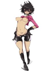  1girl aged_up alternate_breast_size bad_id bad_tumblr_id bike_shorts black_eyes black_gloves black_hair boots breasts choker clothes_lift clothes_pull collar gloves gorillaz groin highres knee_boots large_areolae looking_at_viewer medium_breasts messy_hair navel nipples noodle_(gorillaz) pants pants_pull pink_shirt puffy_nipples shirt shirt_lift short_hair simple_background slugbox solo standing stomach tight_clothes white_background  rating:Explicit score:114 user:danbooru