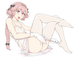 1boy ass astolfo_(fate) bare_shoulders black_bow blush bow braid bulge camisole fang fate/apocrypha fate_(series) fishnet_legwear fishnets gloves hair_intakes legs long_braid long_hair looking_at_viewer male_focus mo_(kireinamo) open_mouth pantyhose pink_hair purple_eyes simple_background single_braid smile thighhighs trap white_camisole white_gloves white_legwear rating:Questionable score:140 user:danbooru