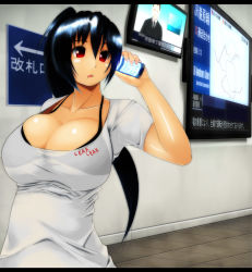1girl amano_yomogi black_hair bra_strap breasts cellphone cleavage commentary highres huge_breasts letterboxed long_hair onibi_(foxhound4185) original phone red_eyes see-through shirt solo talking_on_phone wet wet_clothes wet_shirt rating:Sensitive score:58 user:danbooru
