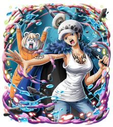  2girls arm_tattoo arms_up bear bepo black_hair blonde_hair blush_stickers breast_tattoo breasts cape cleavage collarbone commentary denim earrings english_commentary fur_cape fur_hat genderswap genderswap_(mtf) hand_tattoo hat holding holding_sword holding_weapon jeans jewelry jumpsuit multiple_girls one_piece one_piece_treasure_cruise open_mouth orange_jumpsuit pants polar_bear submarine sword tank_top tattoo trafalgar_law watercraft weapon white_tank_top 