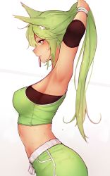 1girl animal_ears armpits arms_up bluefield elbow_pads fox_ears fox_girl green_eyes green_hair hair_tie_in_mouth highres mouth_hold original shorts solo sports_bra sweat tank_top tying_hair rating:Sensitive score:119 user:danbooru