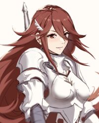  1girl armor bikini_boody breasts closed_mouth commentary cordelia_(fire_emblem) english_commentary fire_emblem fire_emblem_awakening hair_between_eyes hair_ornament highres long_hair looking_at_viewer medium_breasts nintendo red_eyes red_hair simple_background smile solo upper_body very_long_hair white_background wing_hair_ornament 