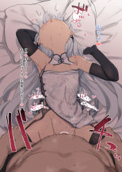  1boy 1girl armpits bar_censor bed_sheet bee_(deadflow) black_bow black_gloves black_hairband black_thighhighs blush bow breasts breasts_out censored china_dress chinese_clothes cross cross_earrings deep_penetration dress earrings elbow_gloves garter_belt girls&#039;_frontline gloves hair_bow hairband head_back hetero highres jewelry leg_grab long_hair lying nipples on_back penis petite pillow pov pussy sex silver_hair small_breasts solo_focus thighhighs tokarev_(girls&#039;_frontline) translation_request vaginal  rating:Explicit score:219 user:danbooru