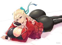  1girl artist_name ass black_pantyhose blonde_hair bow breasts brown_eyes capcom cleavage curvy drill_hair endou_aya fingerless_gloves gloves hair_bow hair_slicked_back huge_ass huge_breasts kanzuki_karin long_hair looking_at_viewer lying on_stomach pantyhose rebis ringlets smile solo street_fighter street_fighter_v thong zipper 