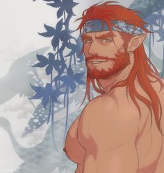  1boy bara beard chest_hair close-up dogandclover facial_hair hairy headband highres large_pectorals long_hair male_focus mature_male muscular muscular_male nipples original pectorals plant pointy_ears puffy_chest red_hair smile topless_male yaoi yellow_eyes  rating:Sensitive score:3 user:danbooru